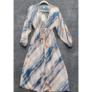 NWT Free The Roses Watercolor Boho Tassel Tie Long Sleeve Maxi Dress XS